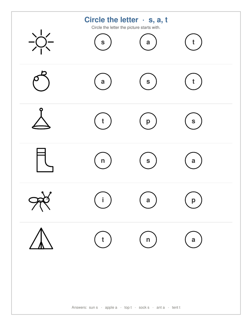 Free beginning sounds worksheet: circle the letter the picture starts with, for s, a, and t