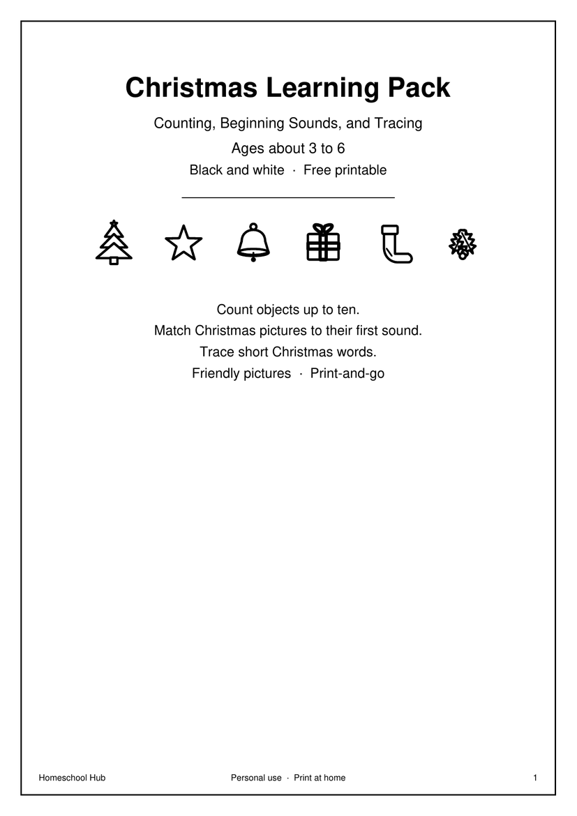 Christmas Learning Pack cover: counting, beginning sounds and tracing, ages about 3 to 6