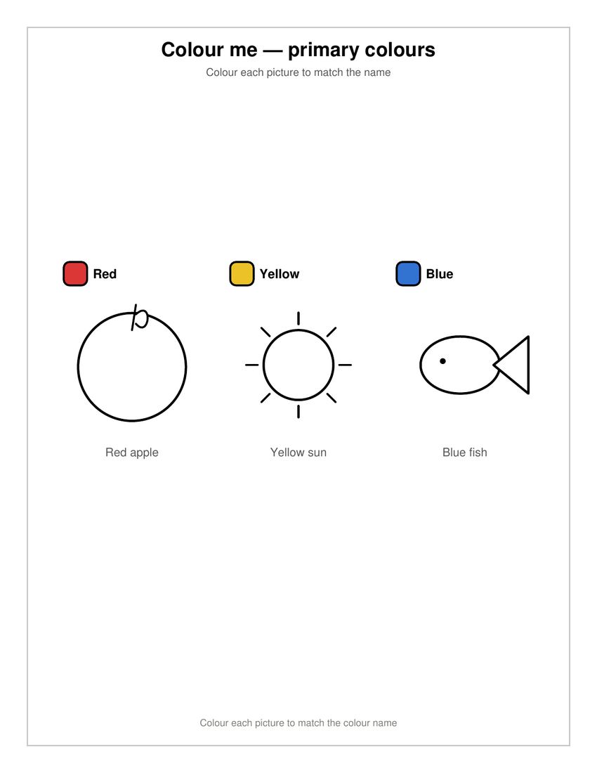 Free colours match and sort colouring page showing primary colour pictures to colour in