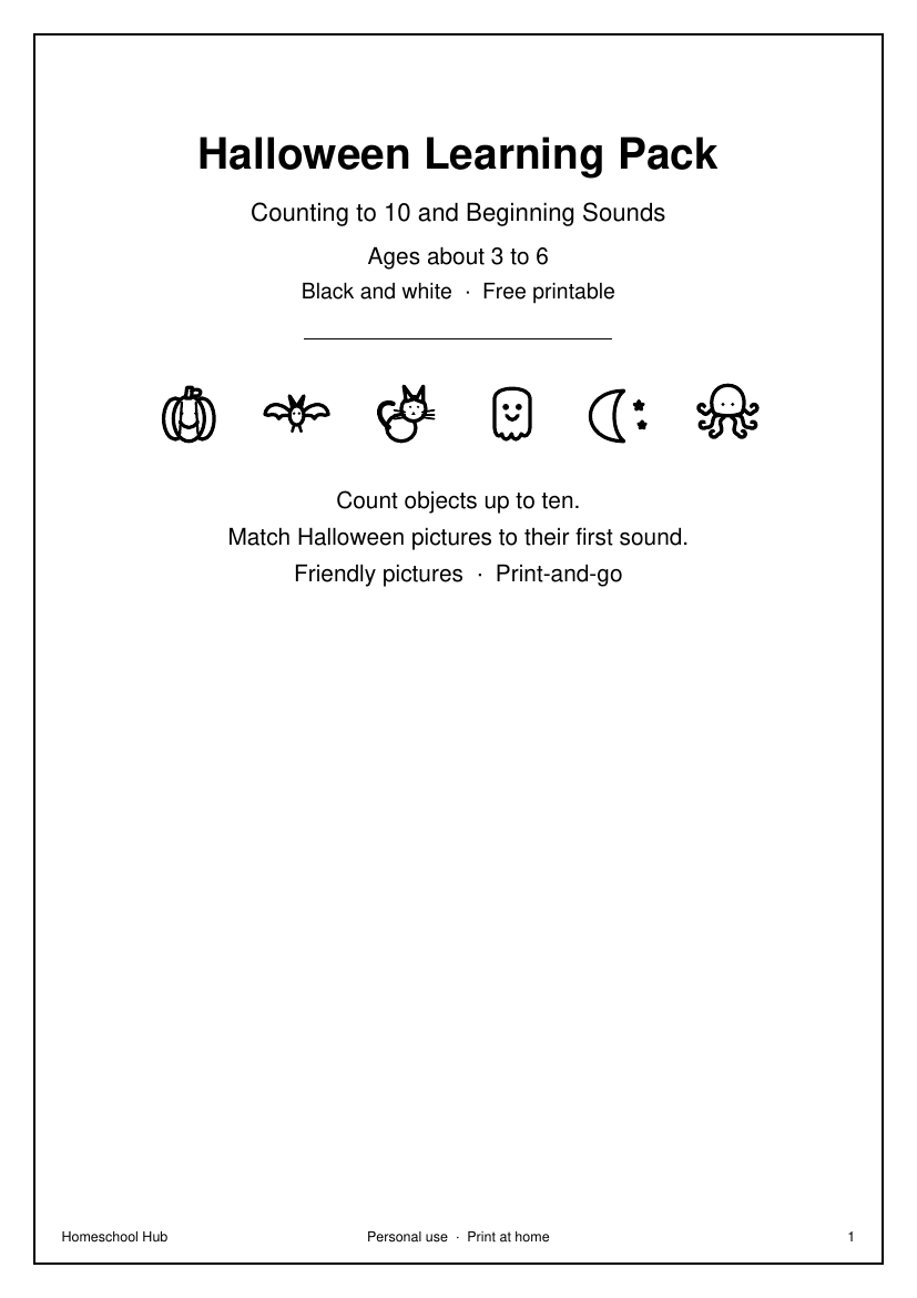 Halloween Learning Pack cover: counting to 10 and beginning sounds, ages about 3 to 6