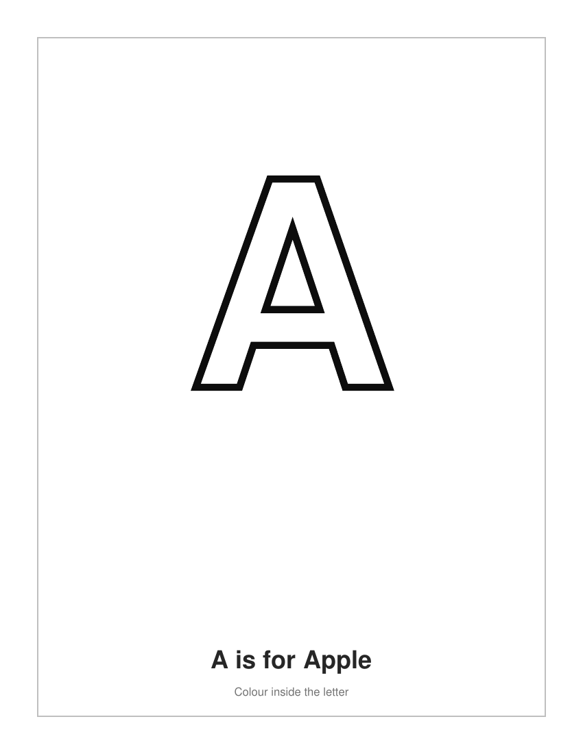 Free kids alphabet colouring page showing outline letter A for Apple