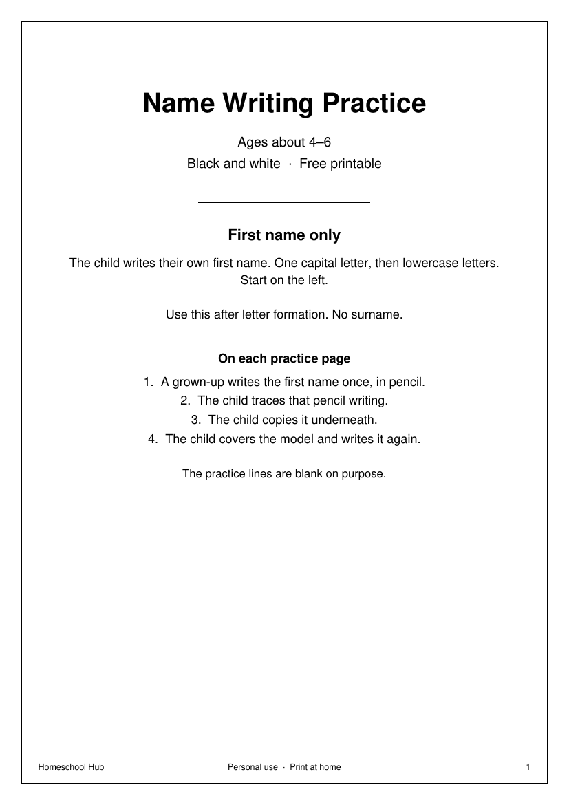 Name writing practice cover: first name only, one capital letter then lowercase, ages about 4 to 6