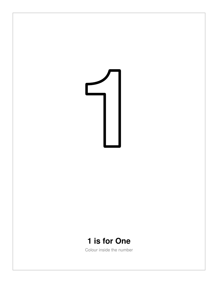 Free numbers colouring page showing outline number 1