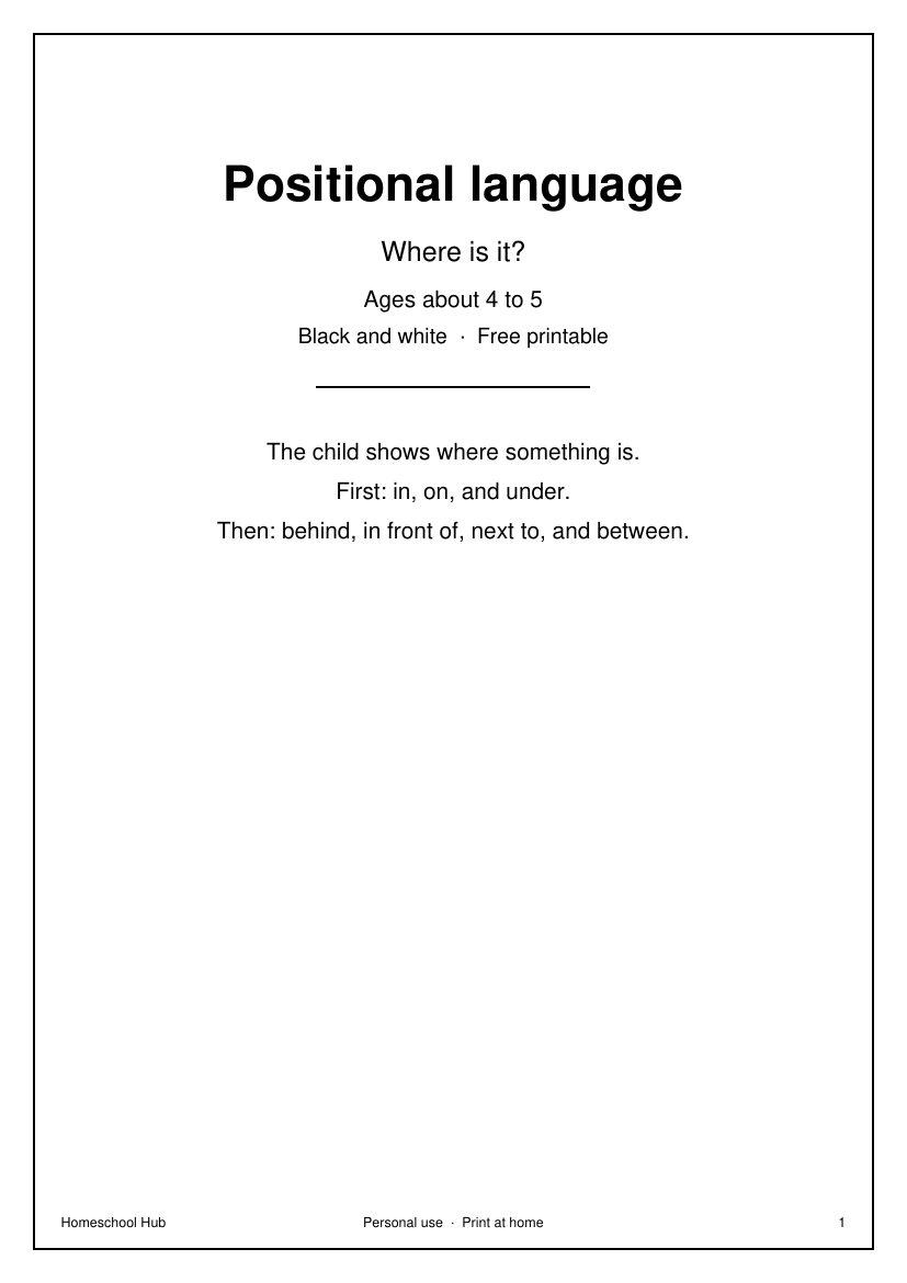 Positional language cover: where is it, ages about 4 to 5