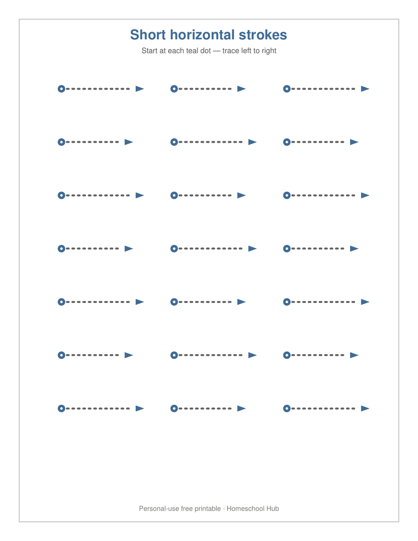Free pre-writing lines trace page showing short horizontal strokes with start dots