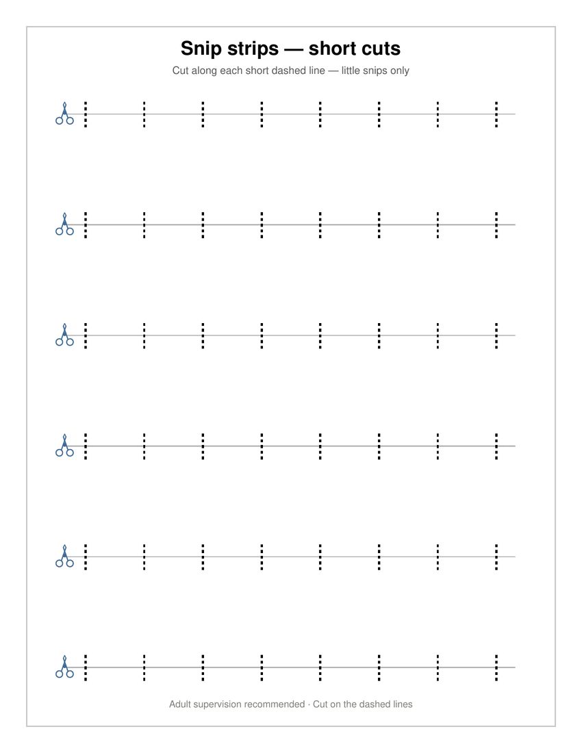 Free scissor skills practice page showing short snip cutting lines