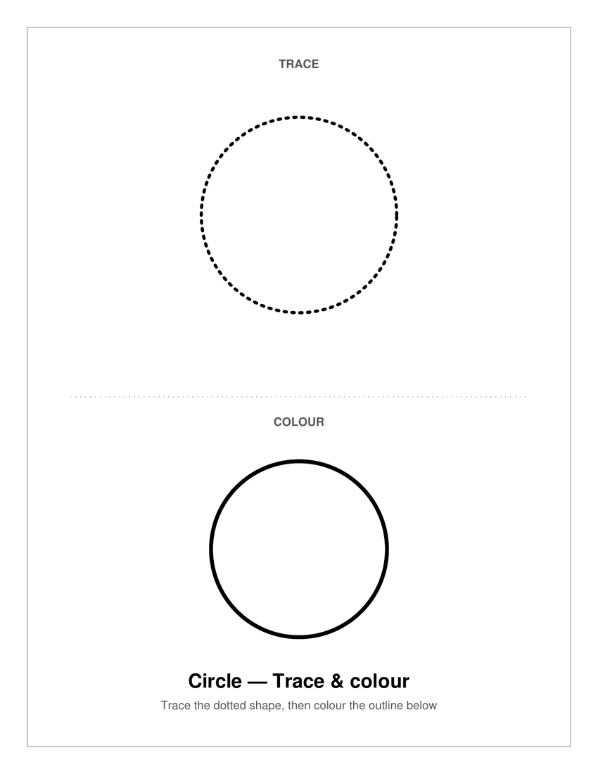 Free shapes trace and colour page showing dotted circle to trace