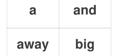 Free Dolch Pre-Primer sight-word flashcards showing large words a, and, away, and big with dashed cut lines