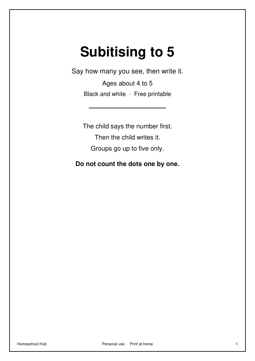 Subitising to 5 cover: say how many you see, then write it, ages about 4 to 5